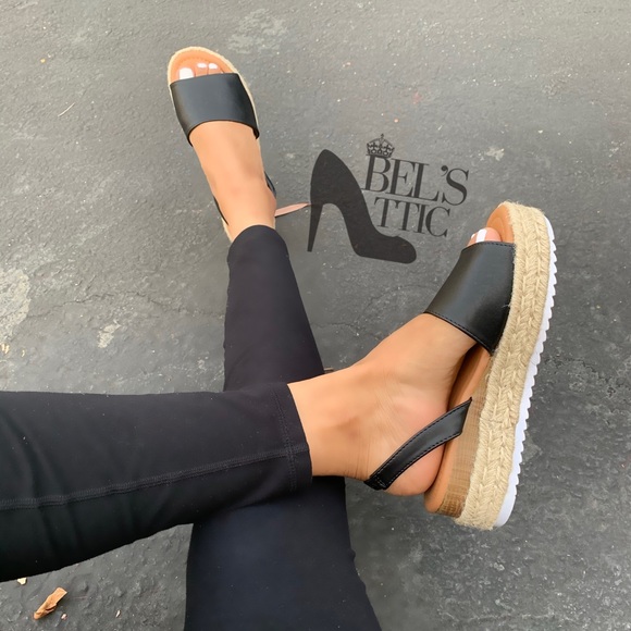 Black Faux Leather SlingBack Espadrille Platforms - Picture 2 of 5